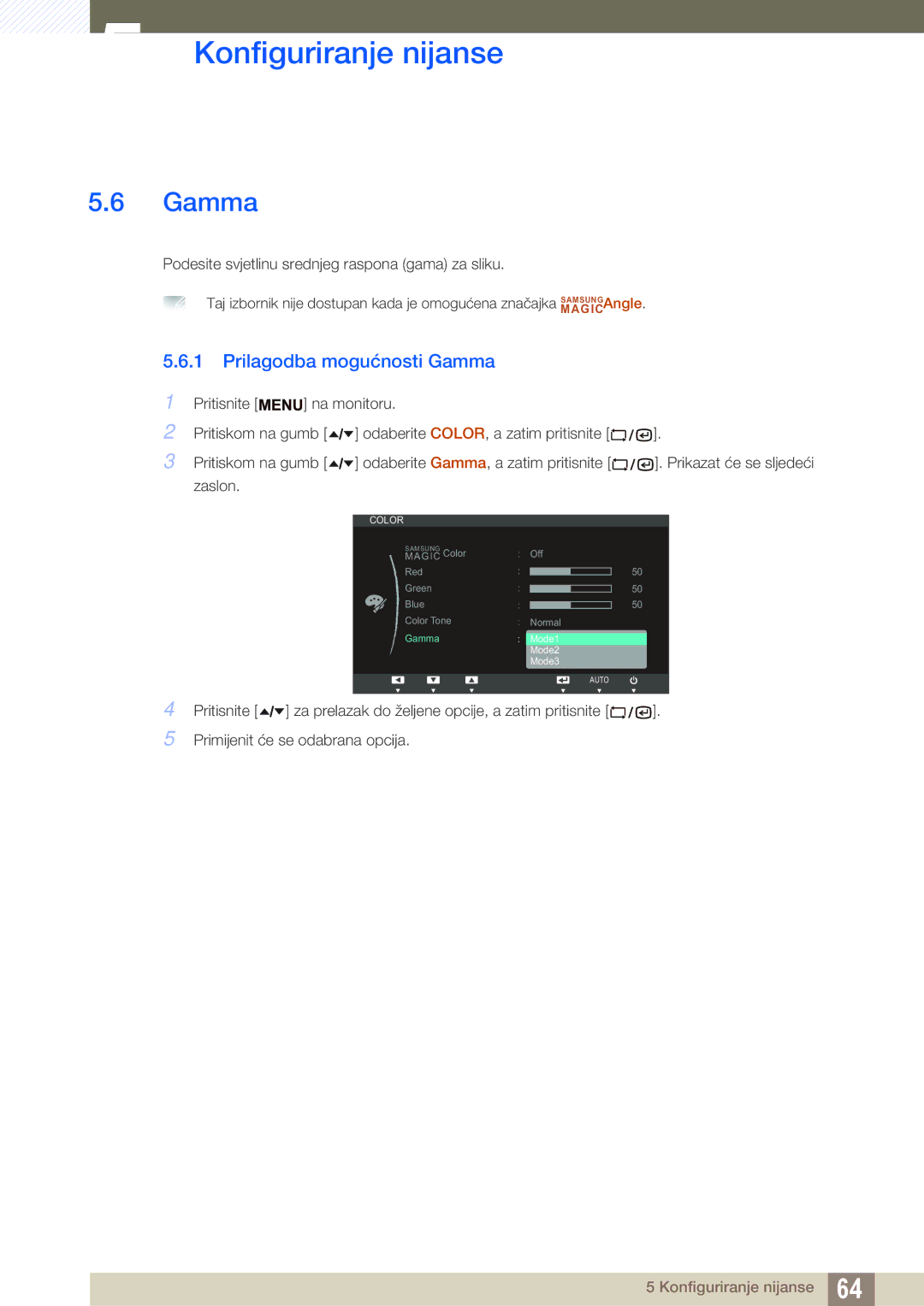 Samsung LF19TSWTBDN/EN, LF24TSWTBDN/EN, LF22TSWTBDN/EN manual Prilagodba mogućnosti Gamma 