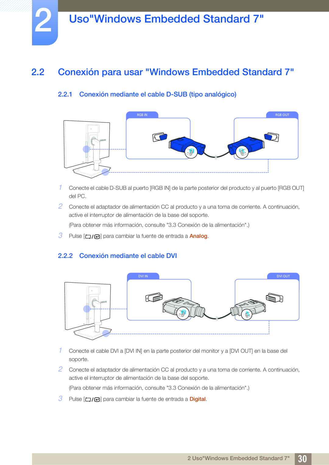 Samsung LF24TSWTBDN/EN manual Conexión para usar Windows Embedded Standard, Conexión mediante el cable D-SUB tipo analógico 