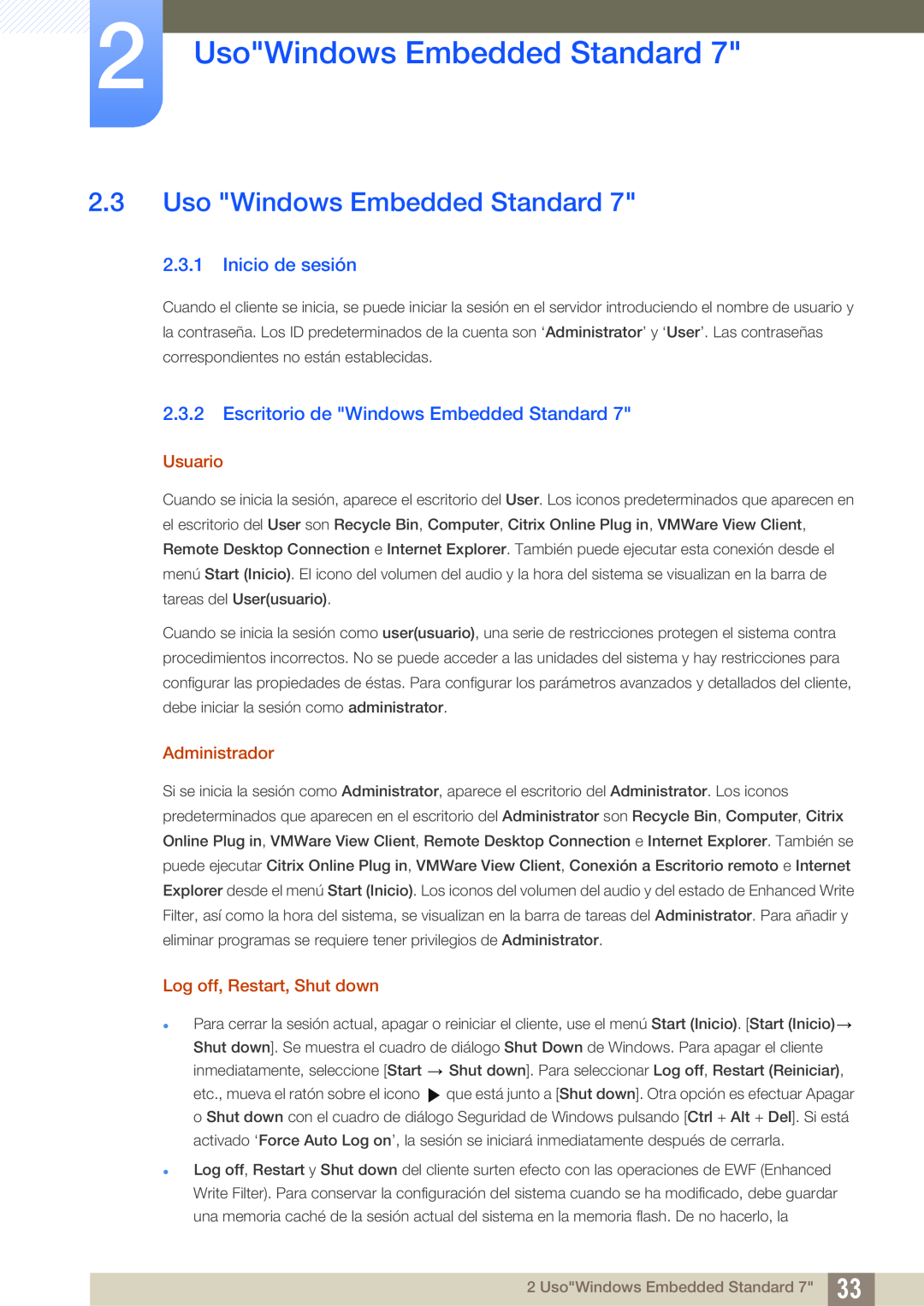 Samsung LF24TSWTBDN/EN Uso Windows Embedded Standard, Inicio de sesión, Escritorio de Windows Embedded Standard, Usuario 