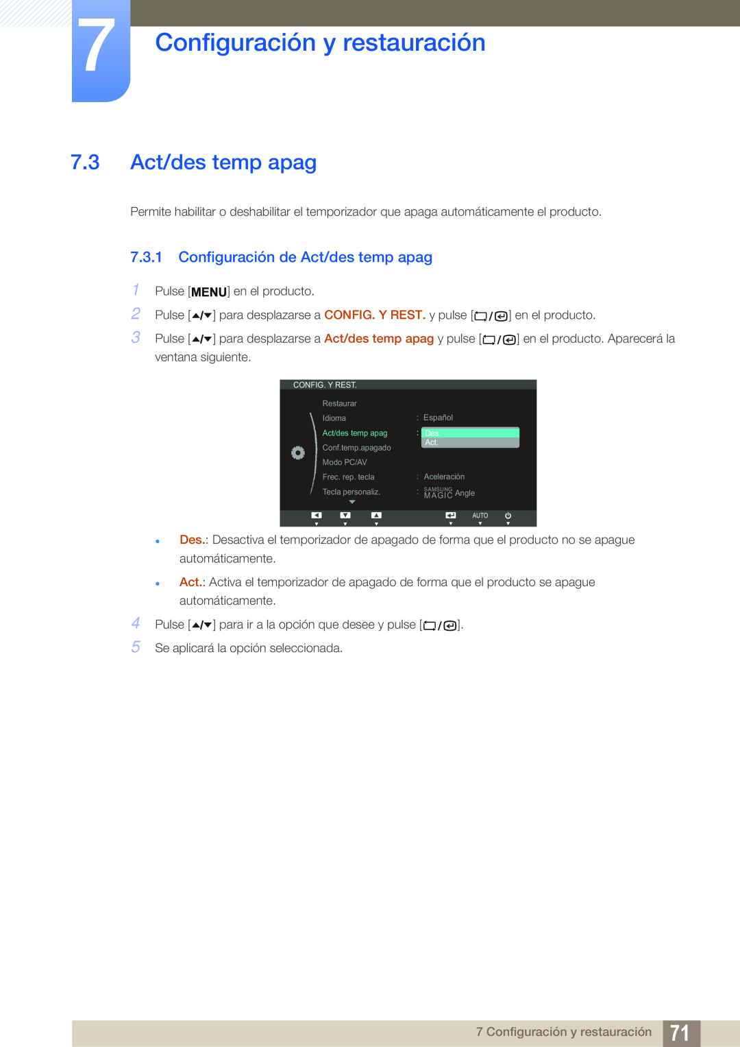 Samsung LF22TSWTBDN/EN manual 7.3 Act/des temp apag, Configuración de Act/des temp apag, Configuración y restauración 