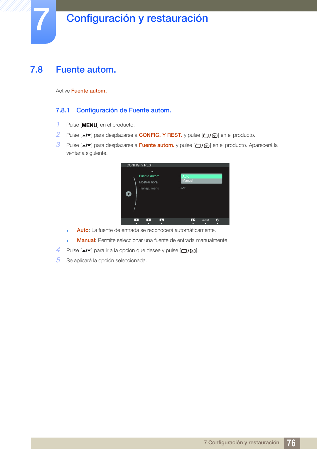 Samsung LF19TSWTBDN/EN manual Configuración de Fuente autom, Configuración y restauración, Active Fuente autom 