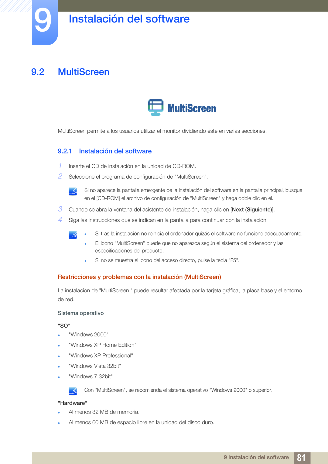 Samsung LF24TSWTBDN/EN manual Instalación del software, Restricciones y problemas con la instalación MultiScreen 