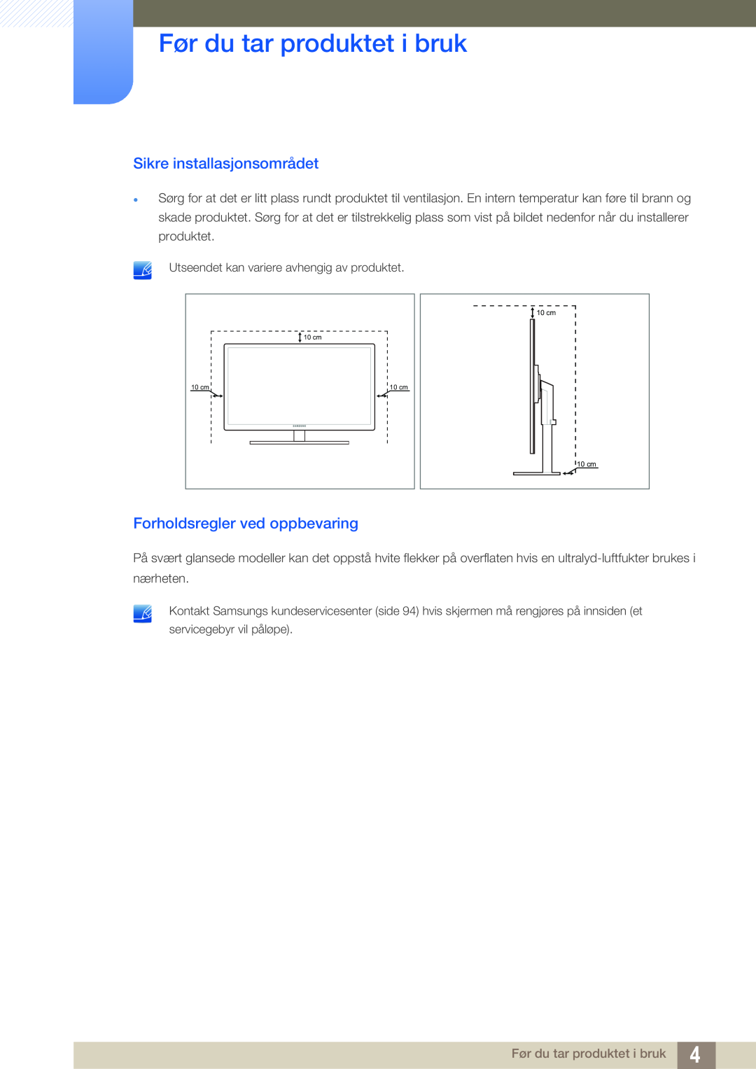 Samsung LF19TSWTBDN/EN manual Sikre installasjonsområdet, Forholdsregler ved oppbevaring, Før du tar produktet i bruk 