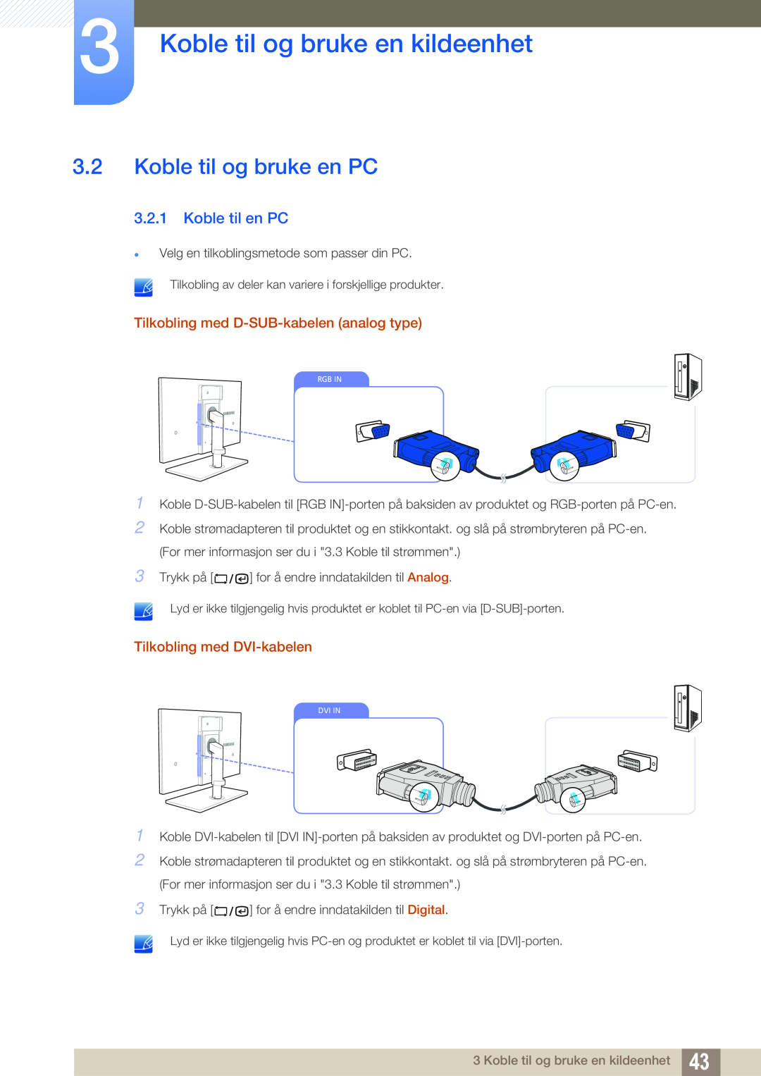Samsung LF19TSWTBDN/EN, LF24TSWTBDN/EN Koble til og bruke en PC, Koble til en PC, Tilkobling med D-SUB-kabelen analog type 
