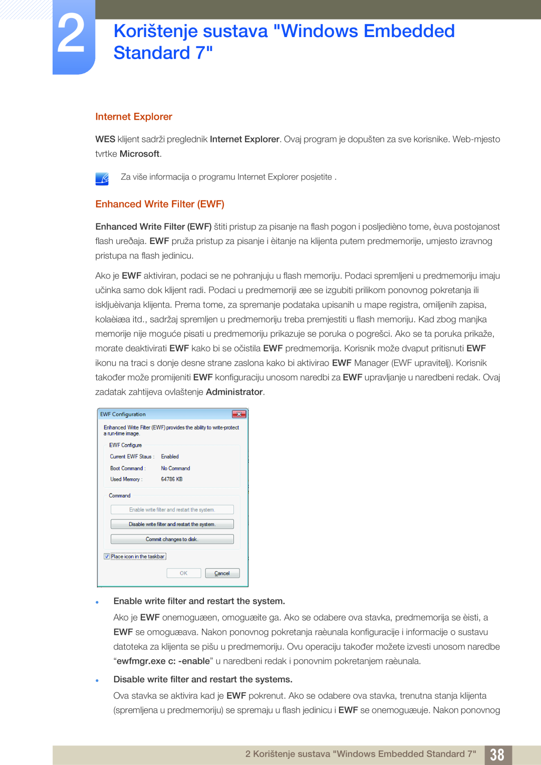 Samsung LF22TSWTBDN/EN manual Korištenje sustava Windows Embedded Standard, Internet Explorer, Enhanced Write Filter EWF 