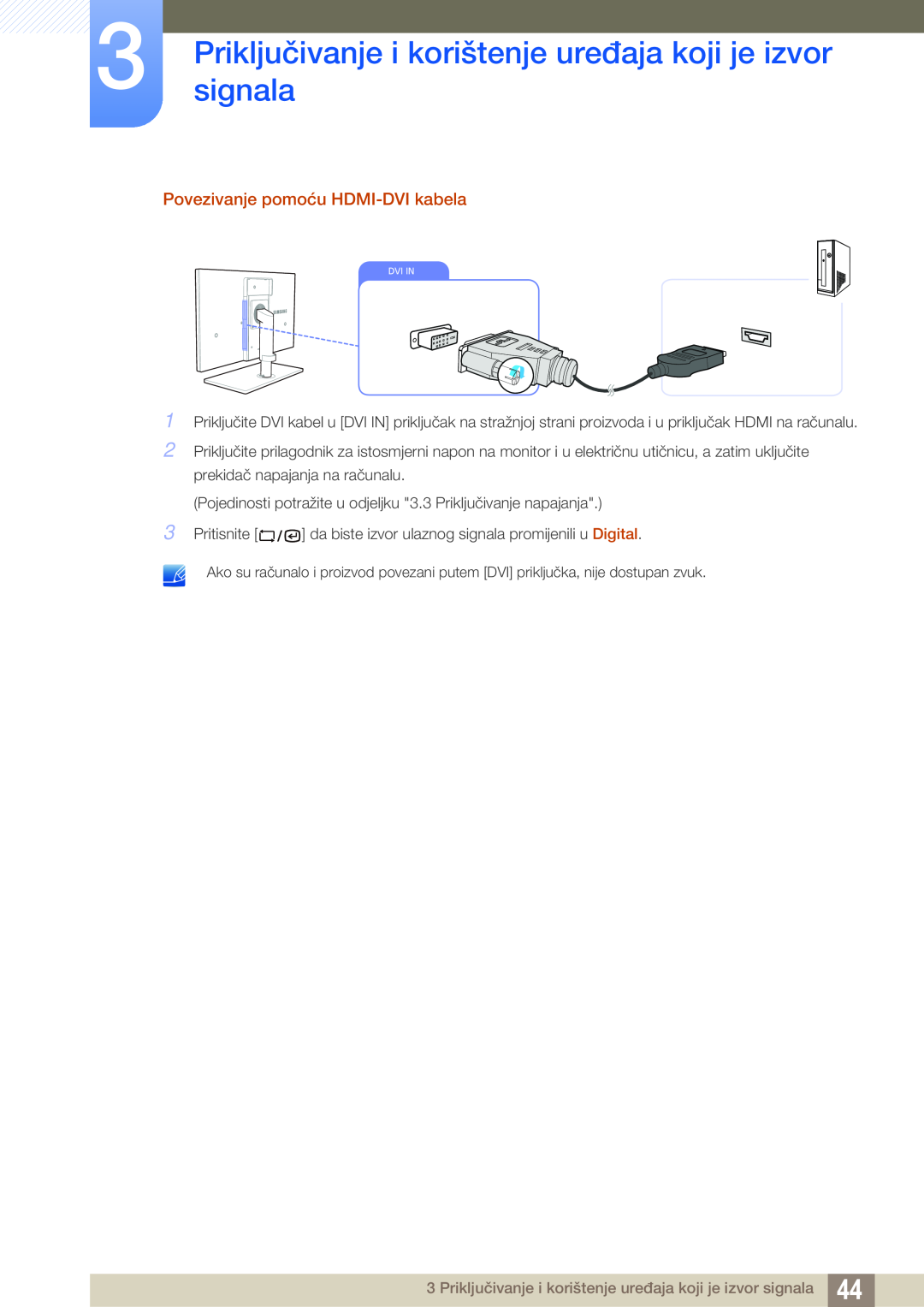 Samsung LF22TSWTBDN/EN manual Priključivanjesignala i korištenje uređaja koji je izvor, Povezivanje pomoću HDMI-DVI kabela 