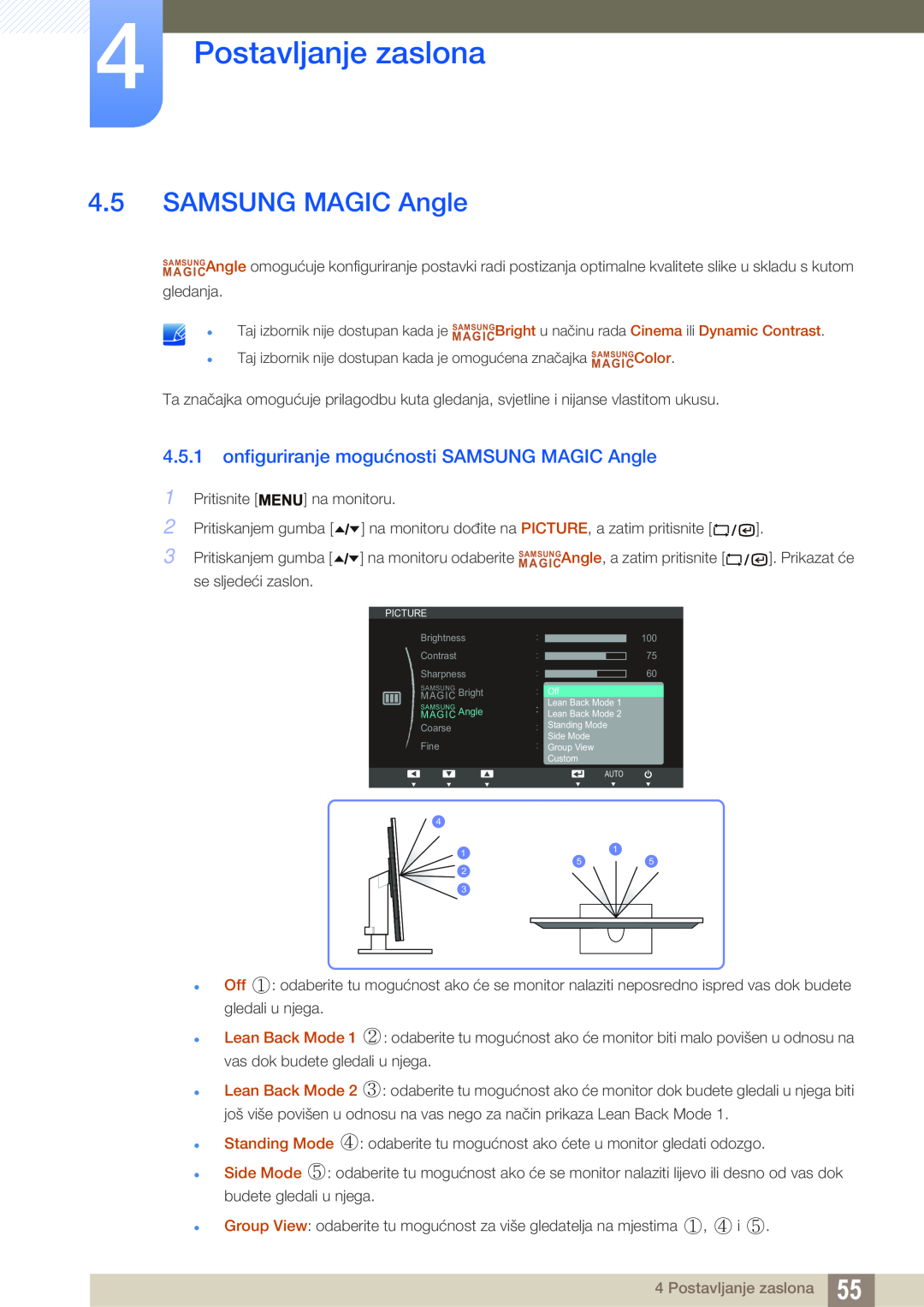 Samsung LF19TSWTBDN/EN, LF24TSWTBDN/EN manual onfiguriranje mogućnosti SAMSUNG MAGIC Angle, Postavljanje zaslona 