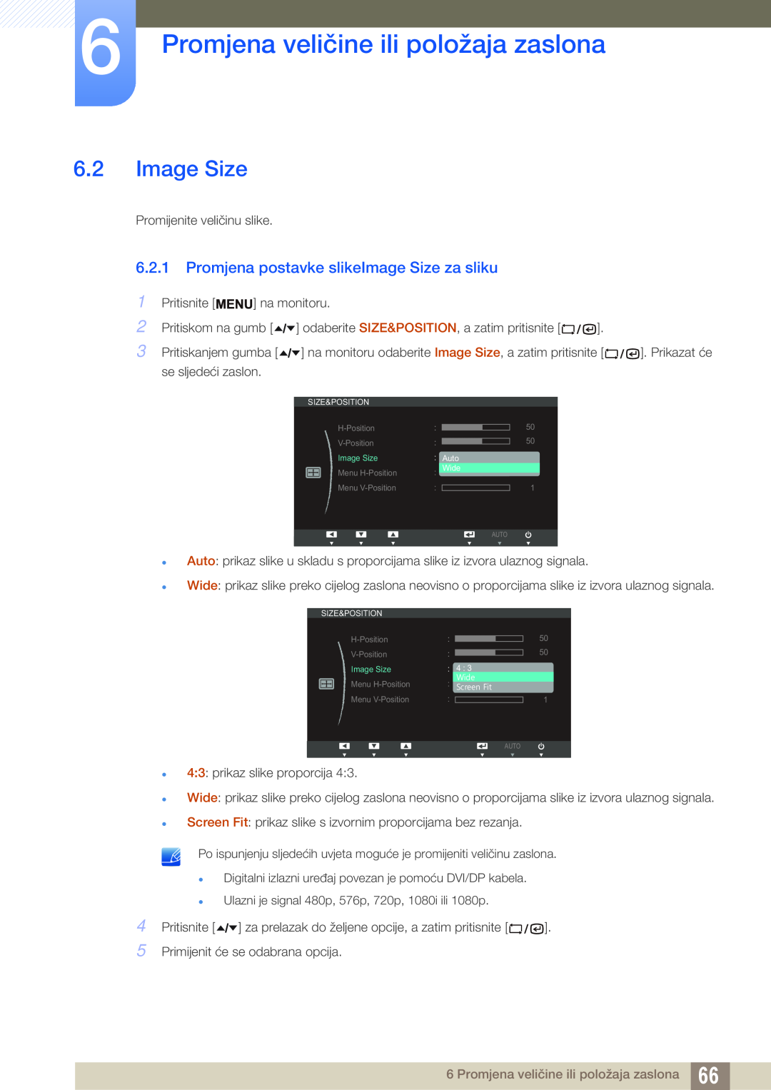Samsung LF24TSWTBDN/EN manual Promjena postavke slikeImage Size za sliku, Promjena veličine ili položaja zaslona 