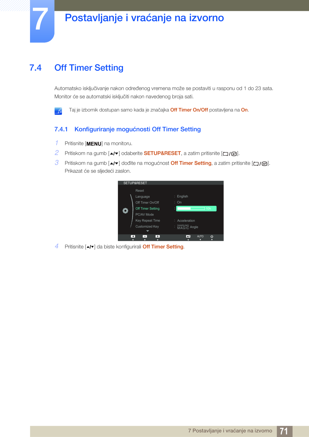 Samsung LF22TSWTBDN/EN, LF24TSWTBDN/EN Konfiguriranje mogućnosti Off Timer Setting, Postavljanje i vraćanje na izvorno 