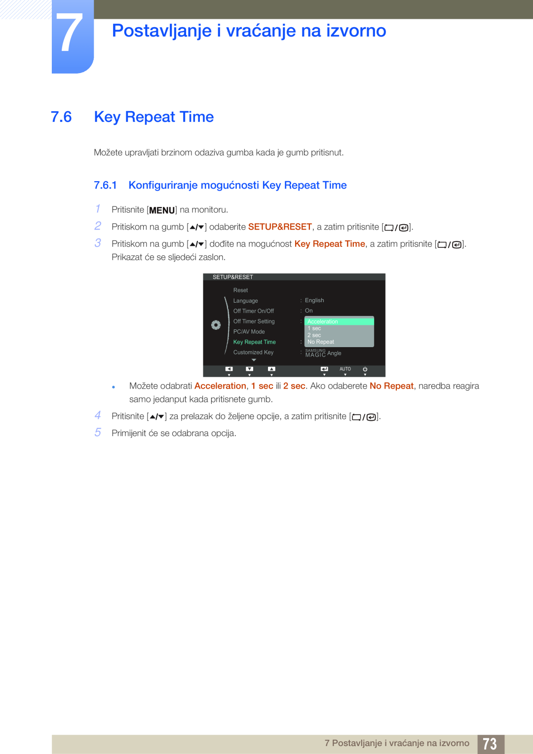 Samsung LF19TSWTBDN/EN, LF24TSWTBDN/EN Konfiguriranje mogućnosti Key Repeat Time, Postavljanje i vraćanje na izvorno 