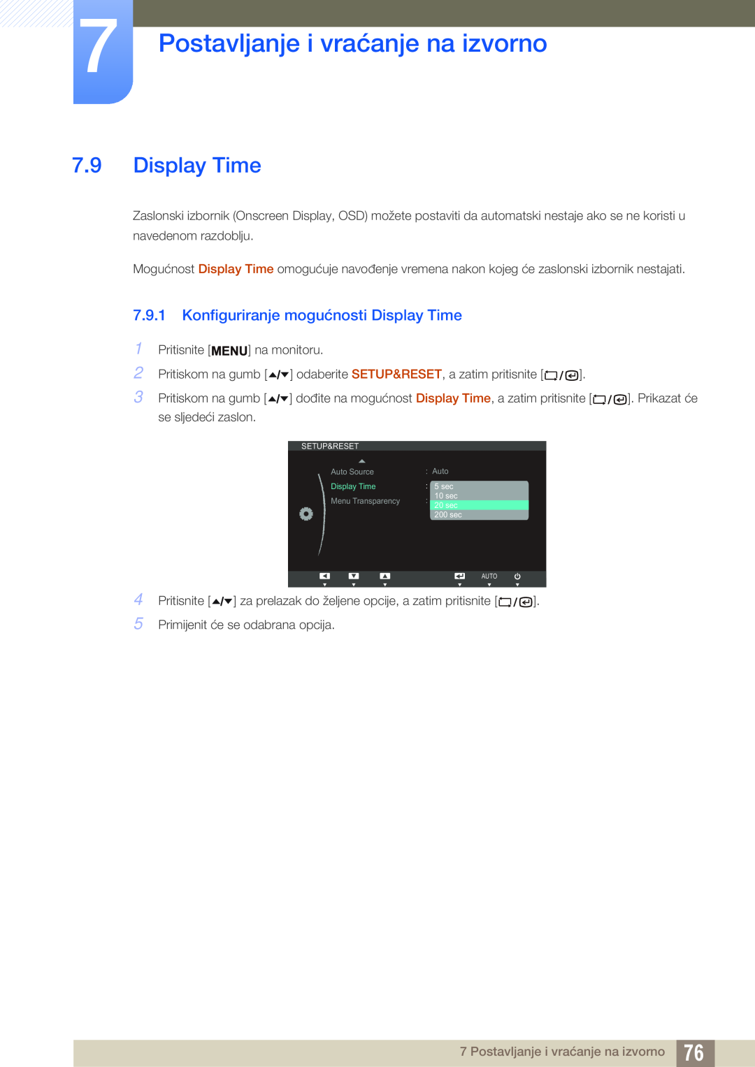Samsung LF19TSWTBDN/EN, LF24TSWTBDN/EN manual Konfiguriranje mogućnosti Display Time, Postavljanje i vraćanje na izvorno 