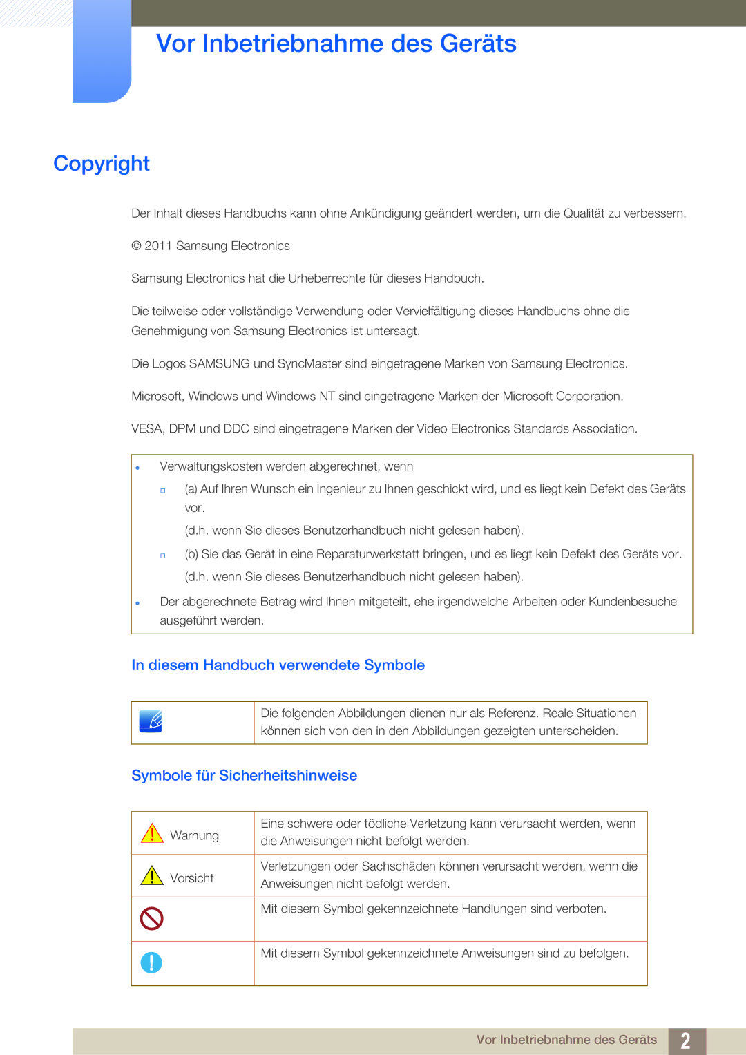 Samsung LF24TSWTBDN/EN, LF22TSWTBDN/EN manual Vor Inbetriebnahme des Geräts, Copyright, Diesem Handbuch verwendete Symbole 