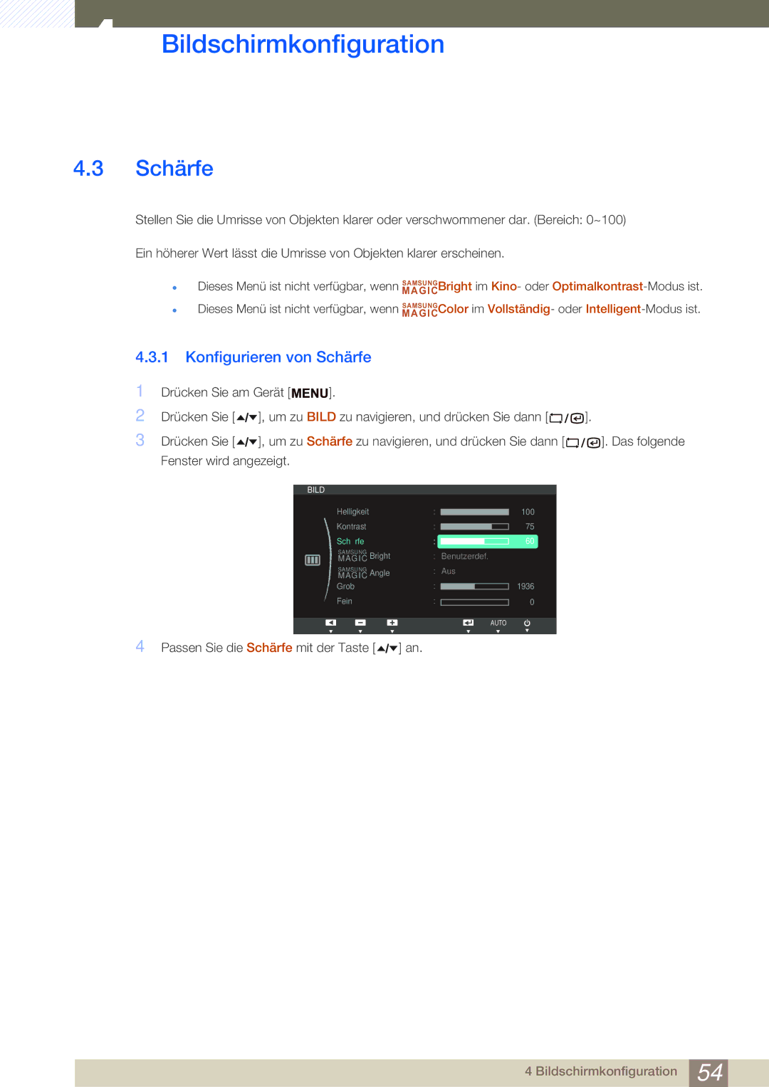 Samsung LF24TSWTBDN/EN, LF22TSWTBDN/EN manual Konfigurieren von Schärfe 