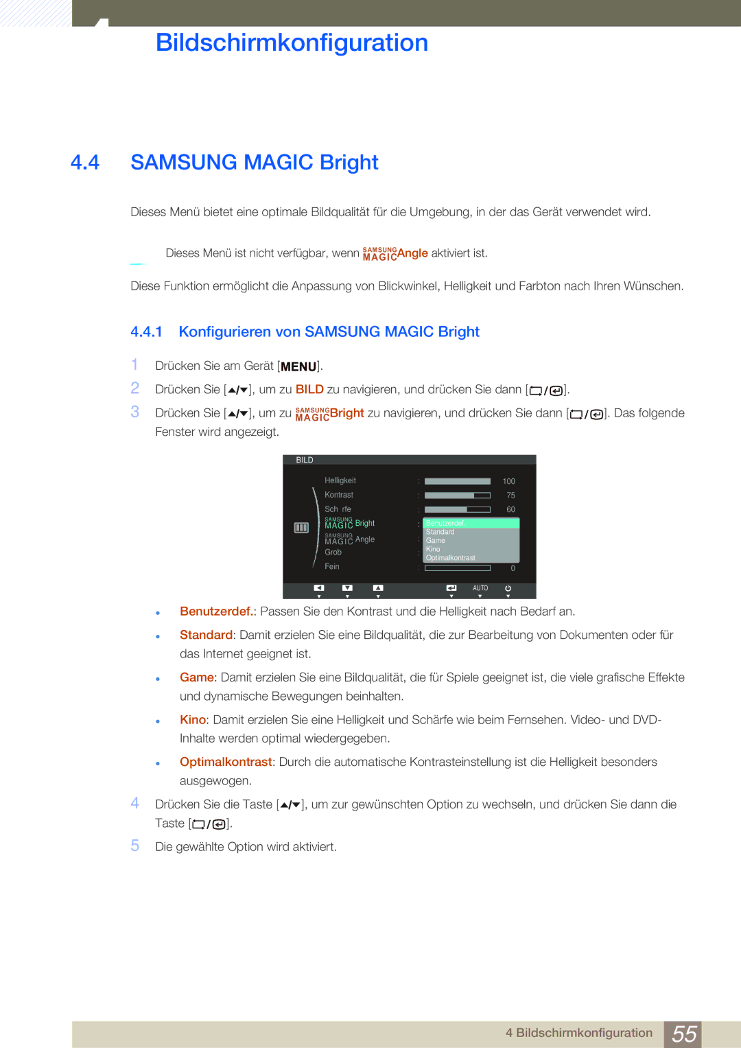 Samsung LF22TSWTBDN/EN, LF24TSWTBDN/EN manual Konfigurieren von Samsung Magic Bright 