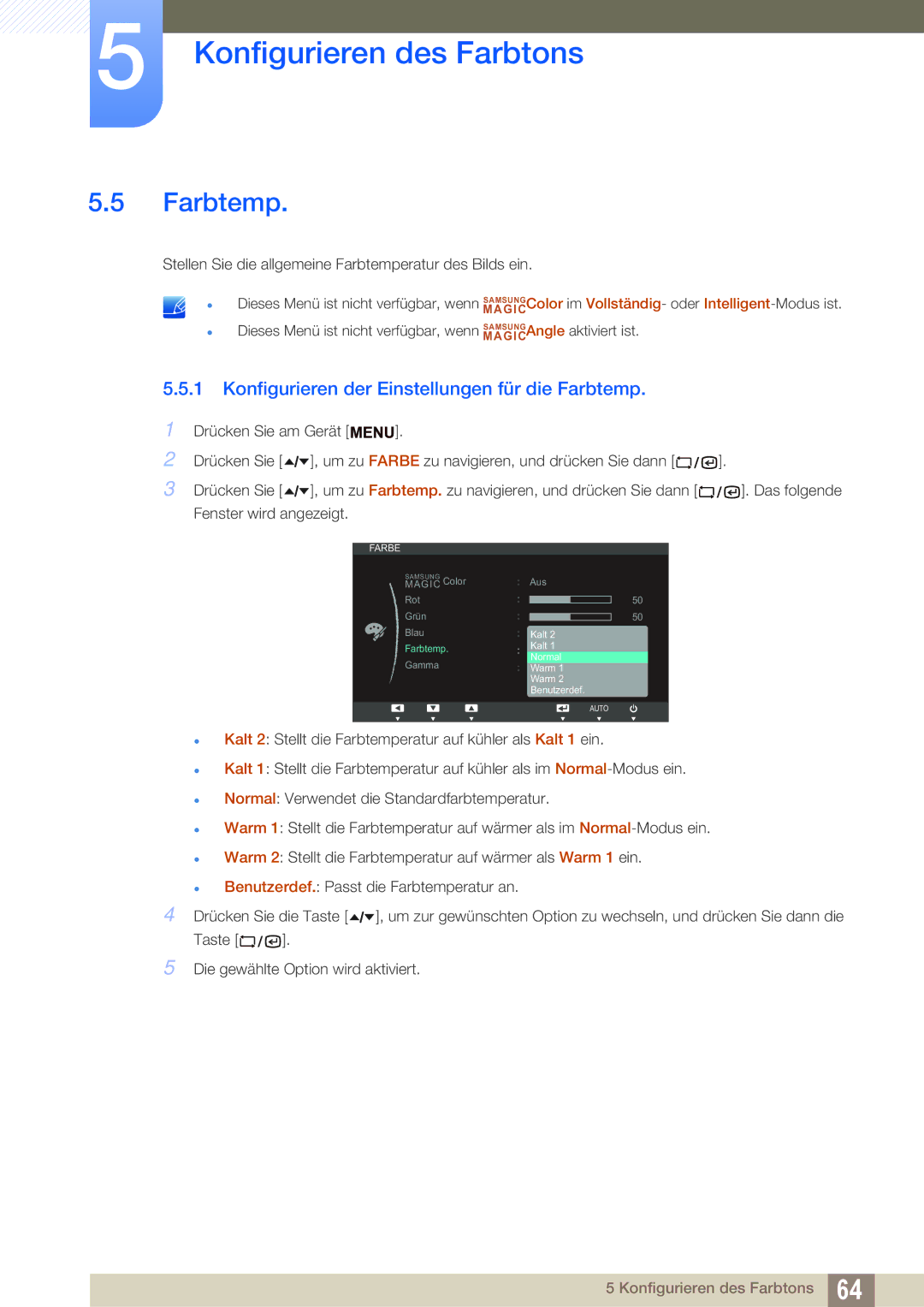 Samsung LF24TSWTBDN/EN, LF22TSWTBDN/EN manual Konfigurieren der Einstellungen für die Farbtemp 