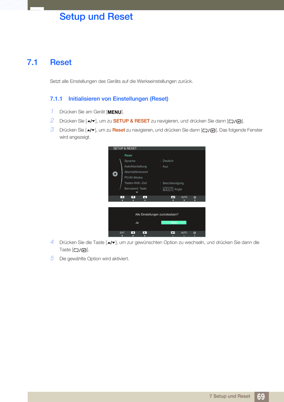 Samsung LF22TSWTBDN/EN, LF24TSWTBDN/EN manual Setup und Reset, Initialisieren von Einstellungen Reset 