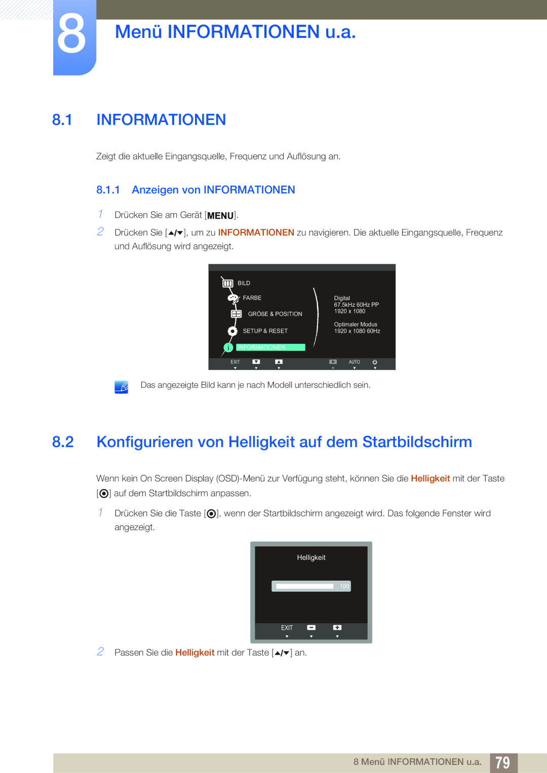 Samsung LF22TSWTBDN/EN, LF24TSWTBDN/EN manual Menü Informationen u.a, Konfigurieren von Helligkeit auf dem Startbildschirm 