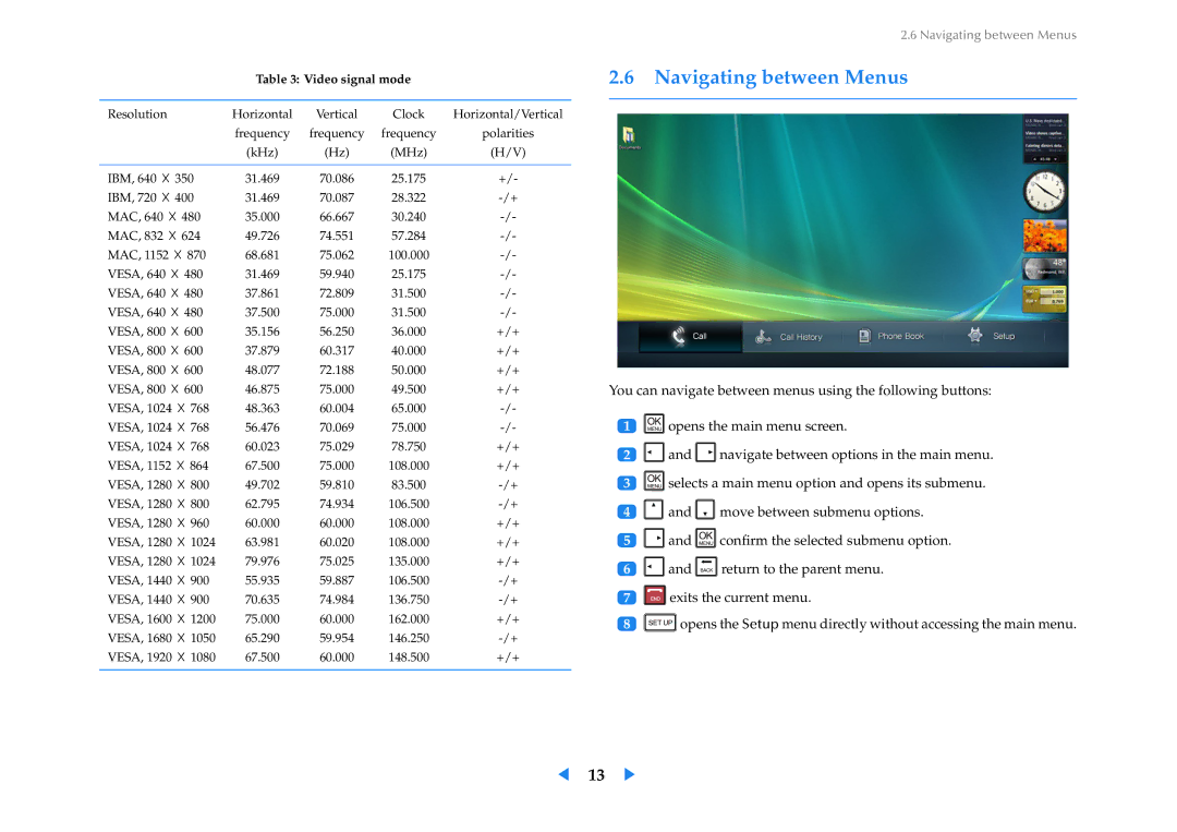 Samsung LF24VPNLBSEN, LF24VPNLB/EN, LF24VPNLB/XJ manual Navigating between Menus, Video signal mode 