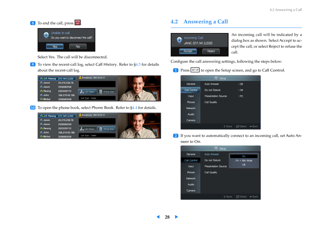 Samsung LF24VPNLBSEN, LF24VPNLB/EN, LF24VPNLB/XJ manual Answering a Call 