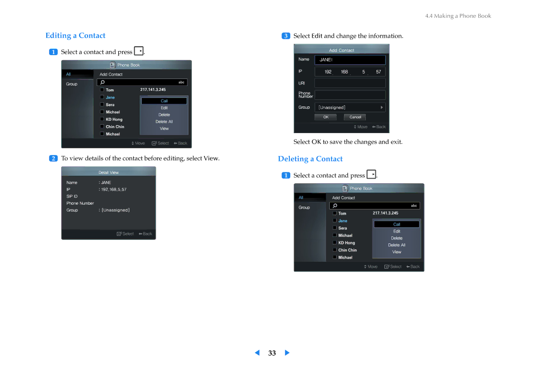 Samsung LF24VPNLB/XJ, LF24VPNLB/EN, LF24VPNLBSEN manual Editing a Contact, Deleting a Contact 