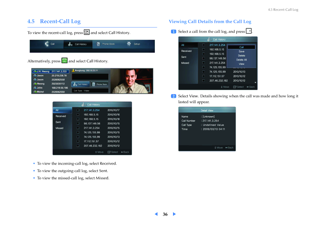 Samsung LF24VPNLB/XJ, LF24VPNLB/EN, LF24VPNLBSEN manual Recent-Call Log, Viewing Call Details from the Call Log 