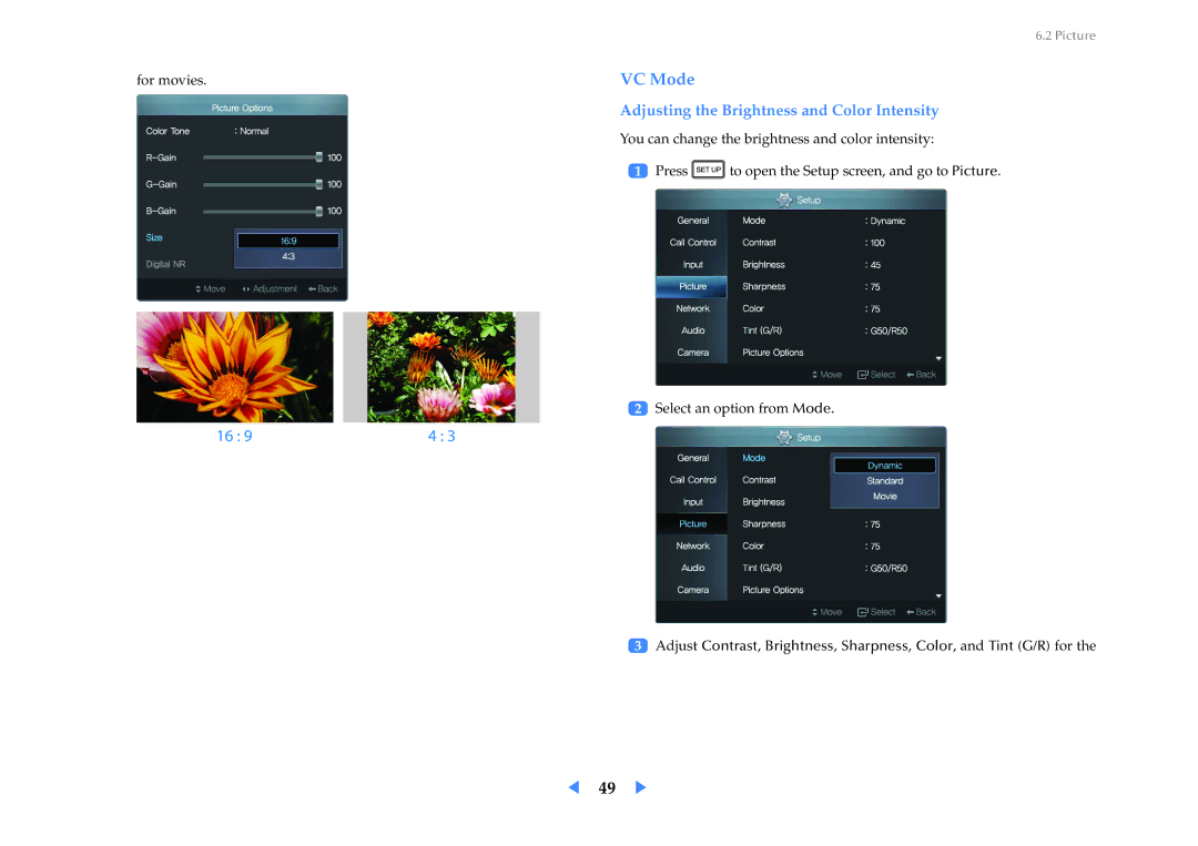 Samsung LF24VPNLBSEN, LF24VPNLB/EN, LF24VPNLB/XJ manual VC Mode, Adjusting the Brightness and Color Intensity 