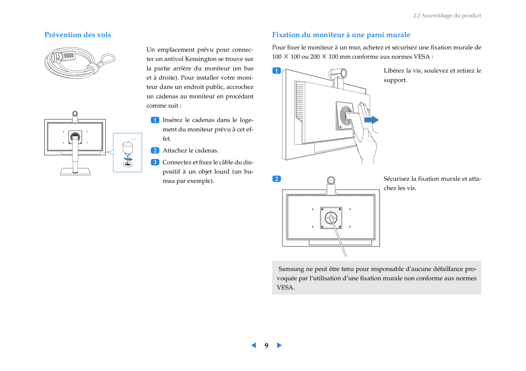 Samsung LF24VPNLB/EN manual Prévention des vols, Fixation du moniteur à une paroi murale 