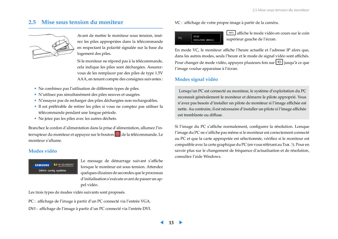 Samsung LF24VPNLB/EN manual Mise sous tension du moniteur, Modes vidéo, Modes signal vidéo 