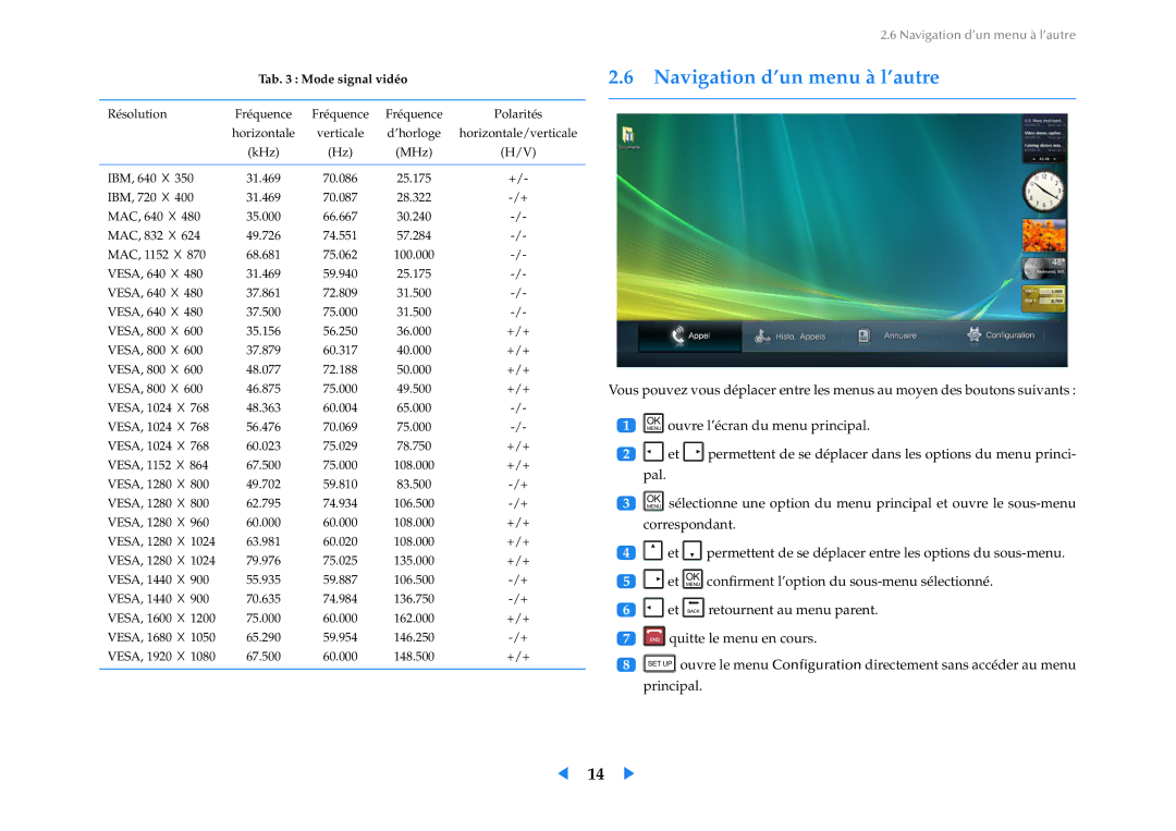 Samsung LF24VPNLB/EN manual Navigation d’un menu à l’autre, Tab Mode signal vidéo 