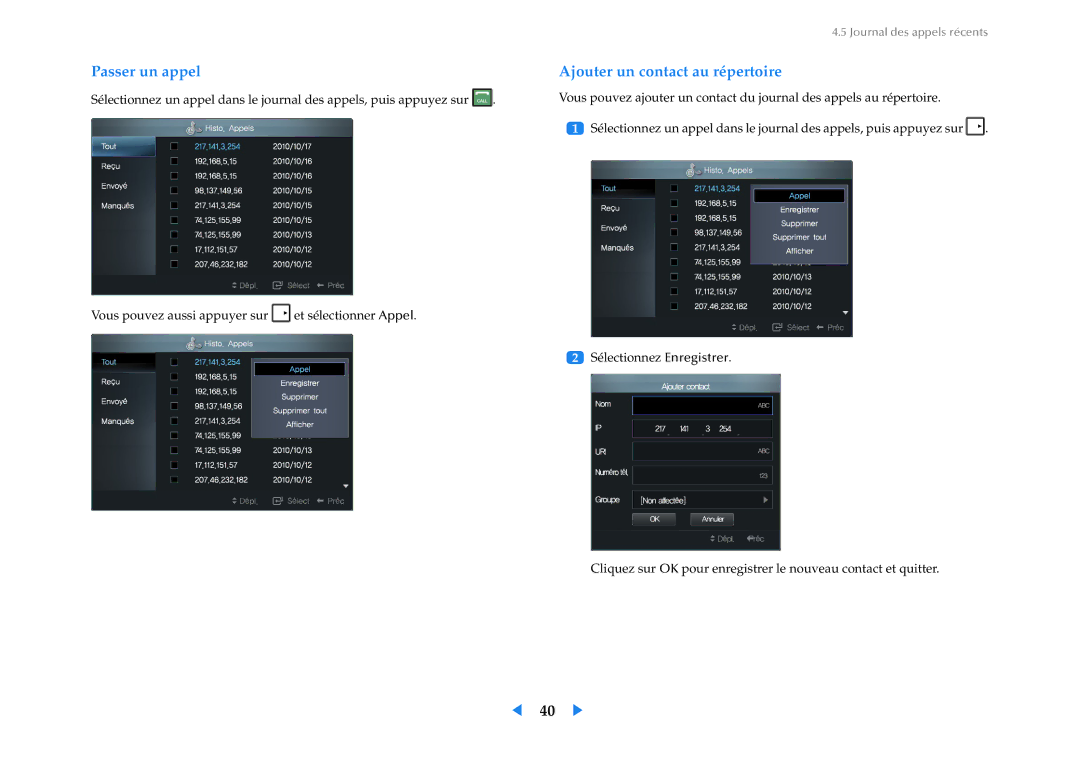 Samsung LF24VPNLB/EN manual Passer un appel Ajouter un contact au répertoire 