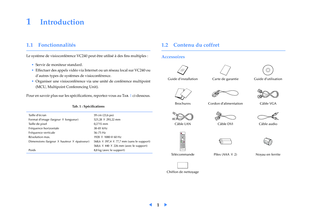 Samsung LF24VPNLB/EN manual Introduction, Fonctionnalités, Contenu du coffret, Accessoires 