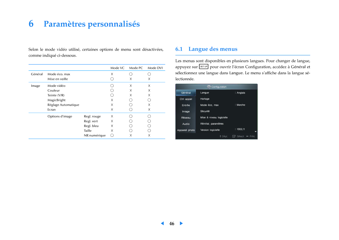 Samsung LF24VPNLB/EN manual Paramètres personnalisés, Langue des menus 