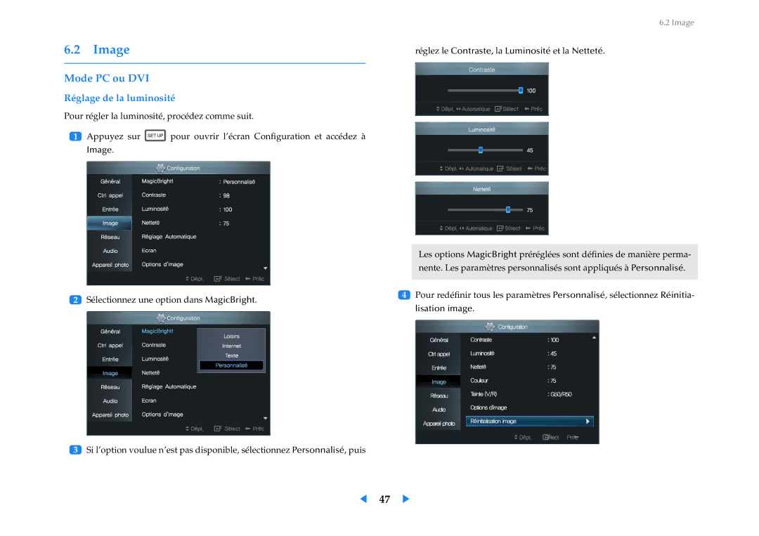 Samsung LF24VPNLB/EN manual Image, Mode PC ou DVI, Réglage de la luminosité 