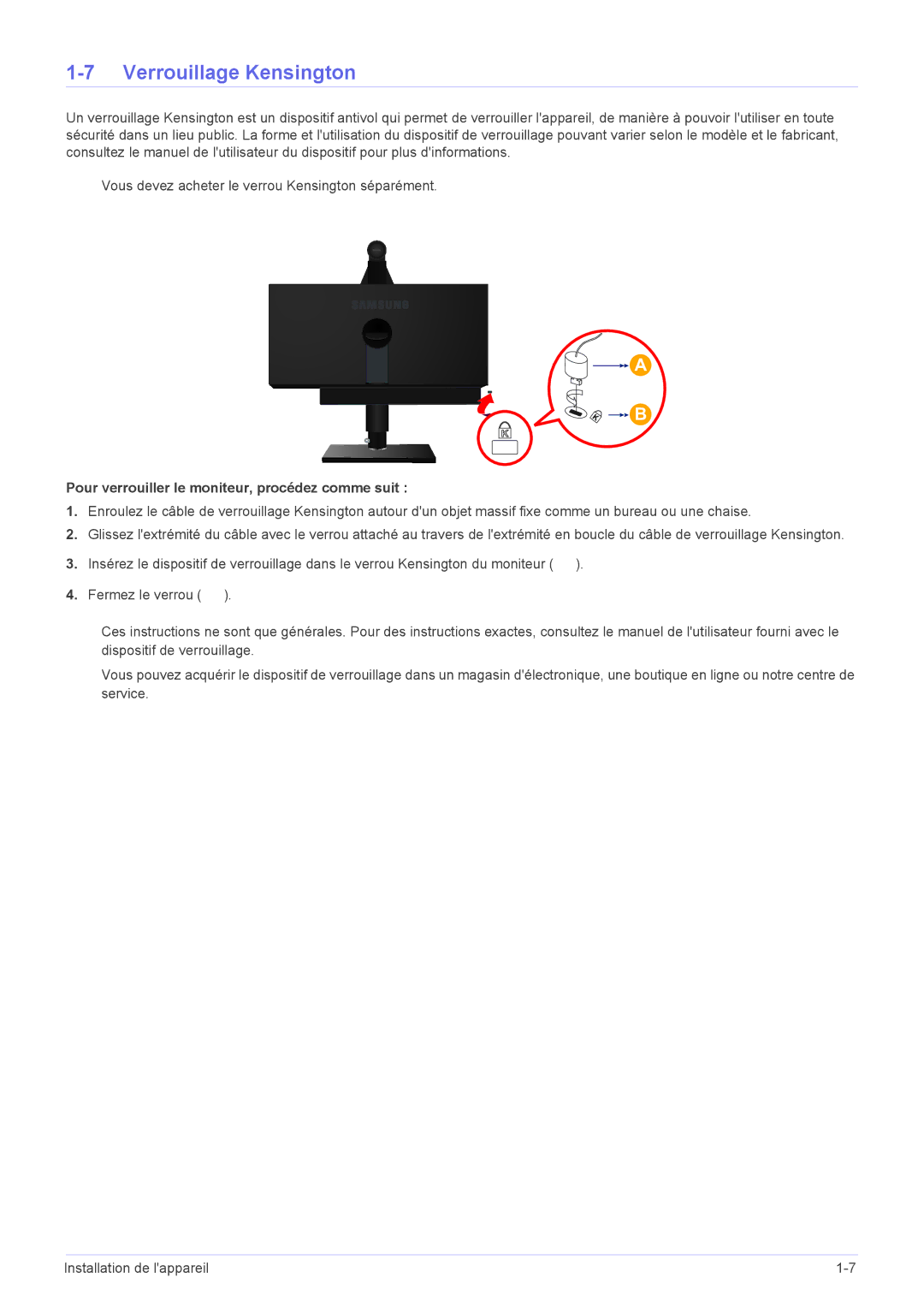 Samsung LF24VPNLB/EN manual Verrouillage Kensington, Pour verrouiller le moniteur, procédez comme suit 