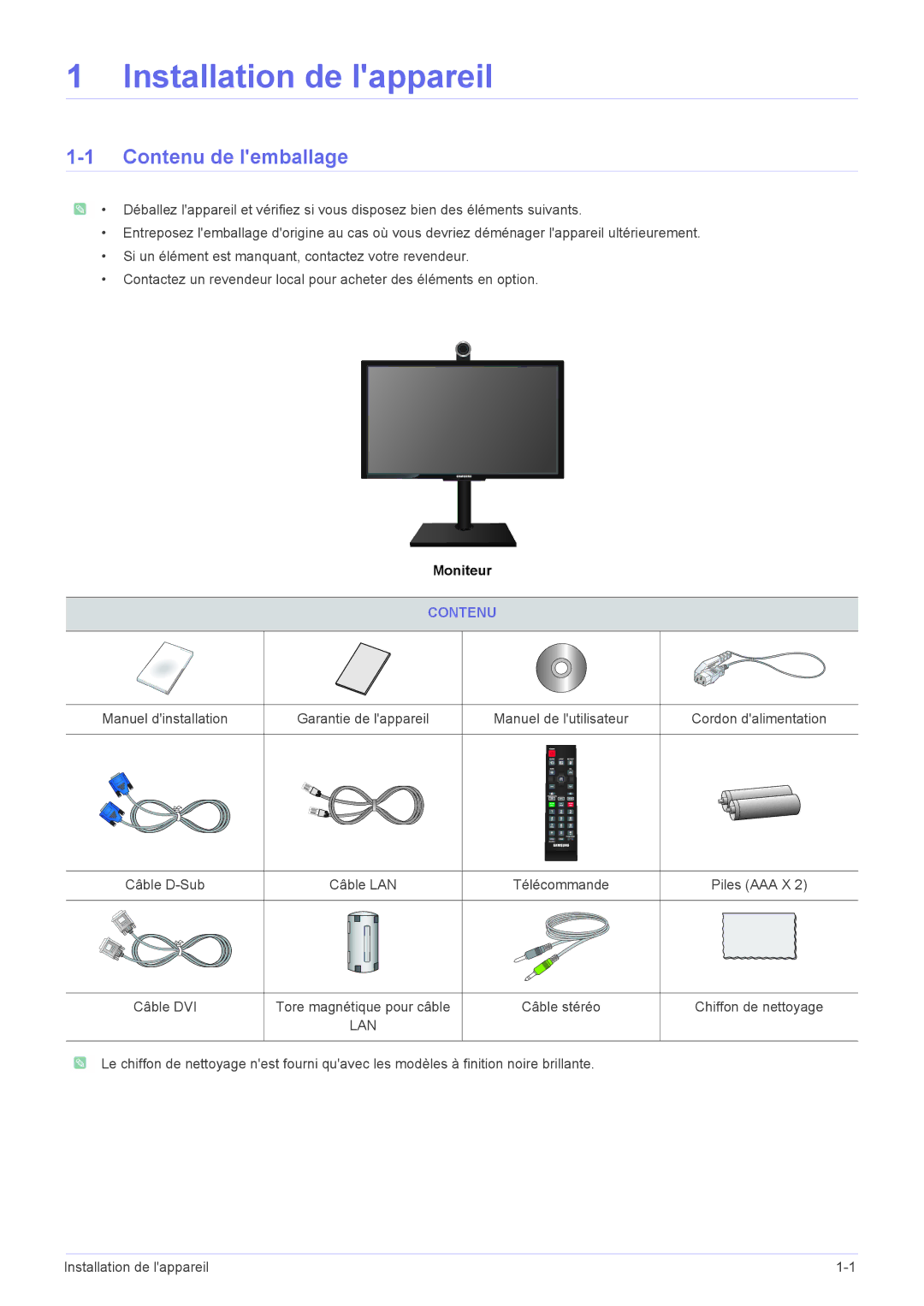 Samsung LF24VPNLB/EN manual Contenu de lemballage 