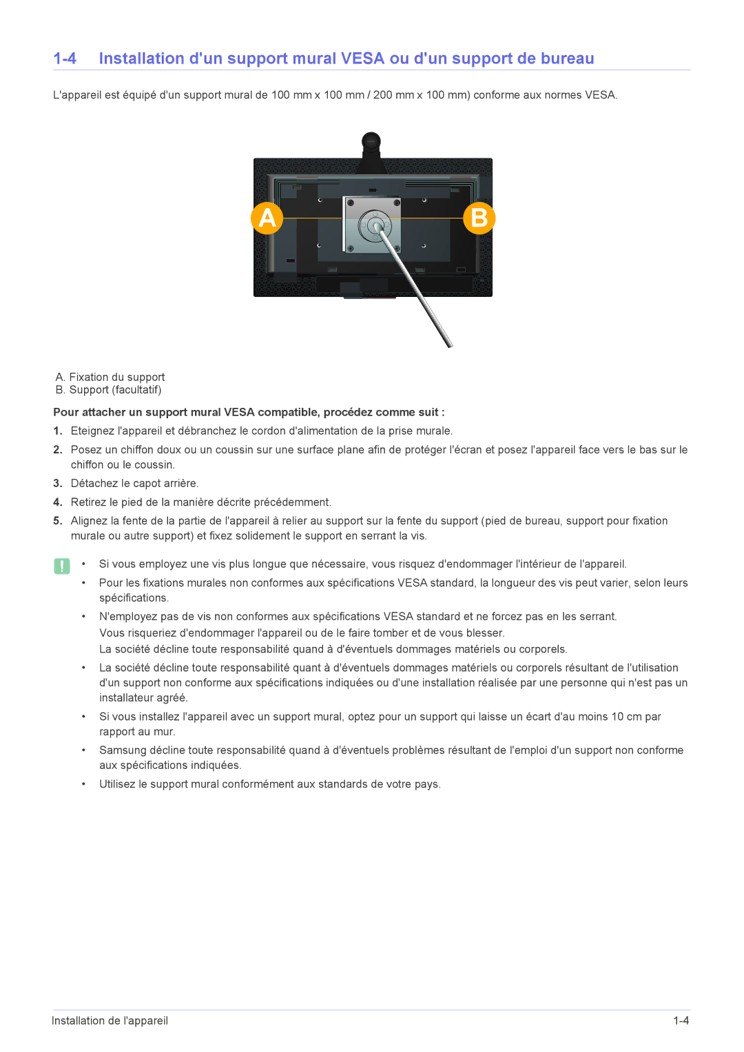 Samsung LF24VPNLB/EN manual Installation dun support mural Vesa ou dun support de bureau 