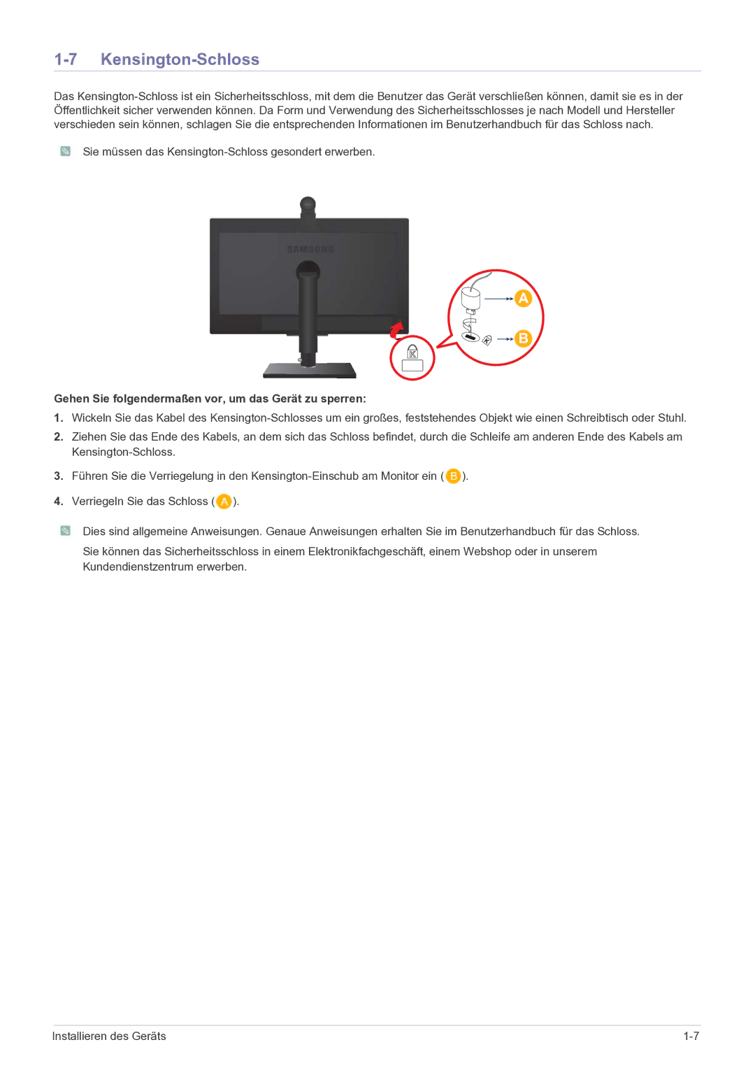 Samsung LF24VPNLB/EN manual Kensington-Schloss, Gehen Sie folgendermaßen vor, um das Gerät zu sperren 