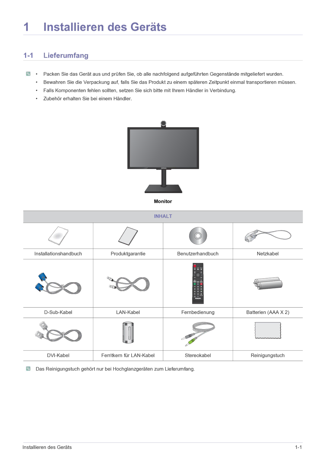 Samsung LF24VPNLB/EN manual Lieferumfang, Inhalt 