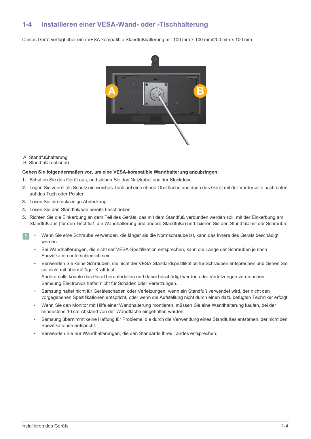 Samsung LF24VPNLB/EN manual Installieren einer VESA-Wand- oder -Tischhalterung 