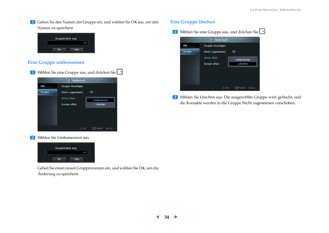 Samsung LF24VPNLB/EN manual Eine Gruppe löschen, Eine Gruppe umbenennen 