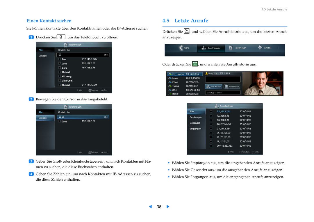 Samsung LF24VPNLB/EN manual Letzte Anrufe, Einen Kontakt suchen 