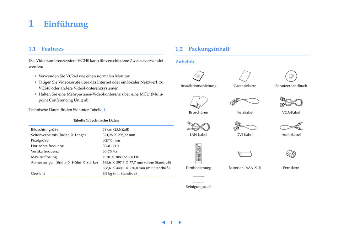 Samsung LF24VPNLB/EN manual Einführung, Features Packungsinhalt, Zubehör 