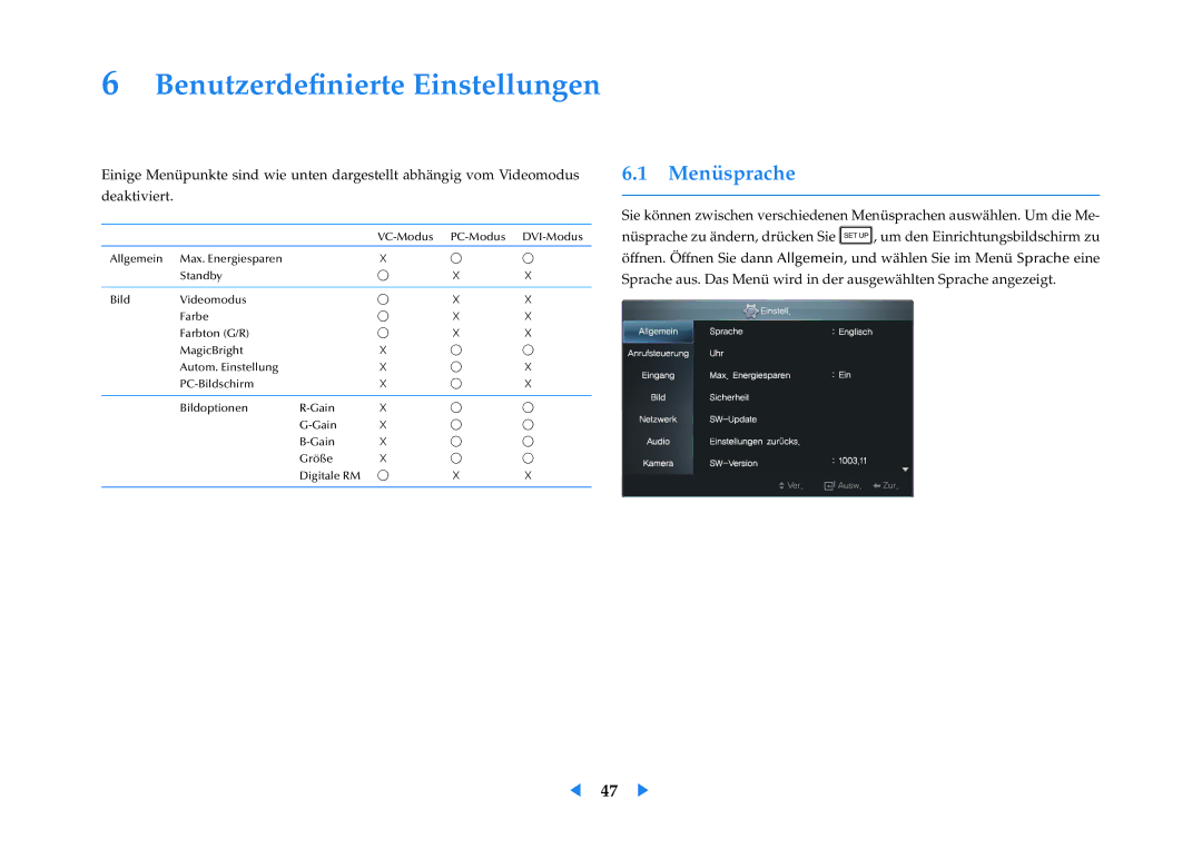 Samsung LF24VPNLB/EN manual Benutzerdeﬁnierte Einstellungen, Menüsprache 