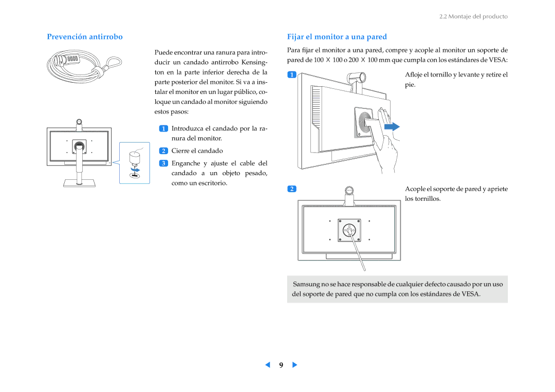 Samsung LF24VPNLB/EN manual Prevención antirrobo, Fijar el monitor a una pared 