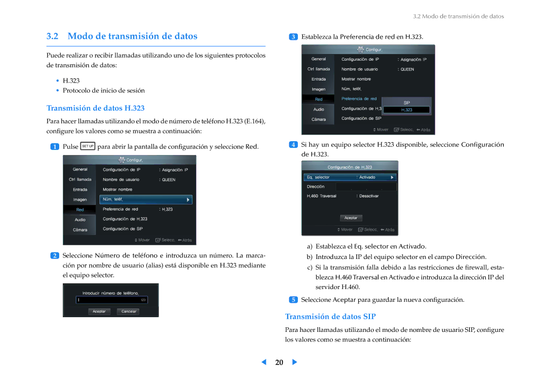 Samsung LF24VPNLB/EN manual Modo de transmisión de datos, Transmisión de datos H.323, Transmisión de datos SIP 