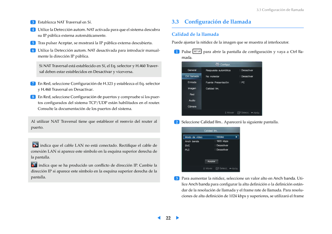 Samsung LF24VPNLB/EN manual Conﬁguración de llamada, Calidad de la llamada 