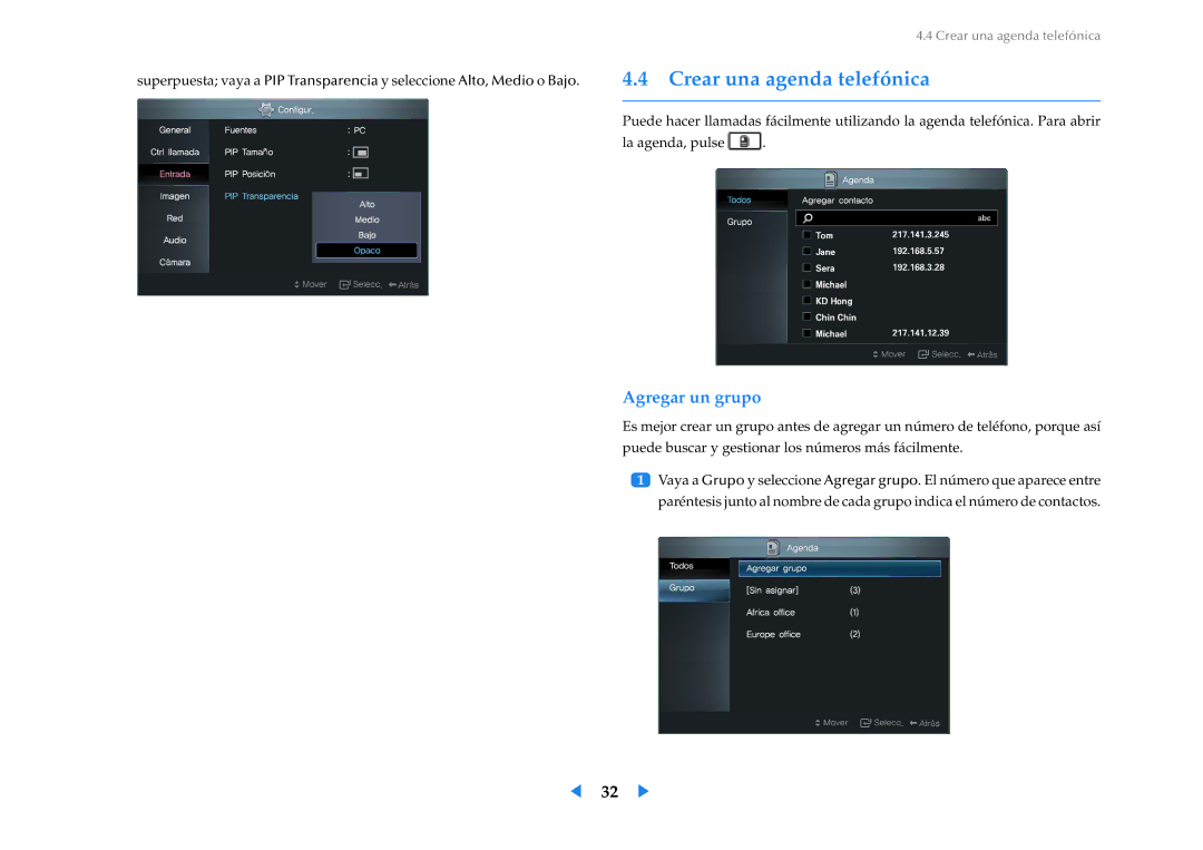 Samsung LF24VPNLB/EN manual Crear una agenda telefónica, Agregar un grupo 