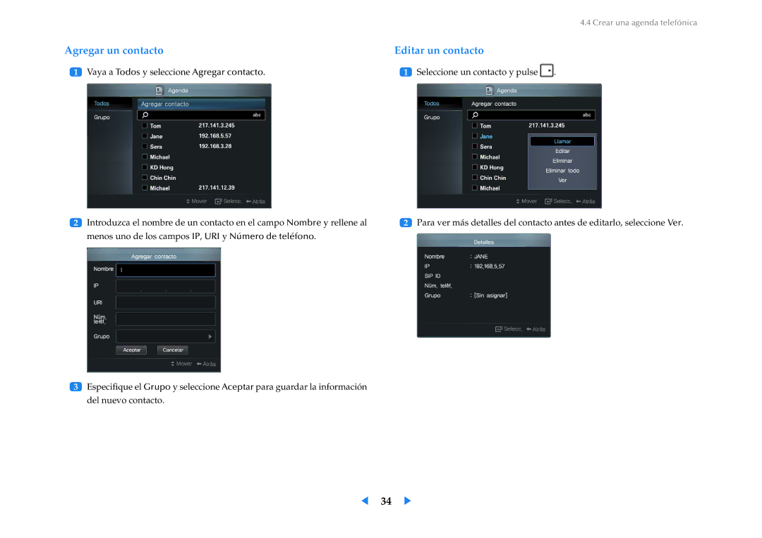 Samsung LF24VPNLB/EN manual Agregar un contacto Editar un contacto 