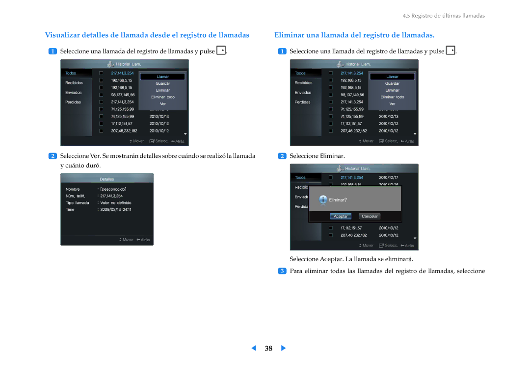 Samsung LF24VPNLB/EN manual Registro de últimas llamadas 