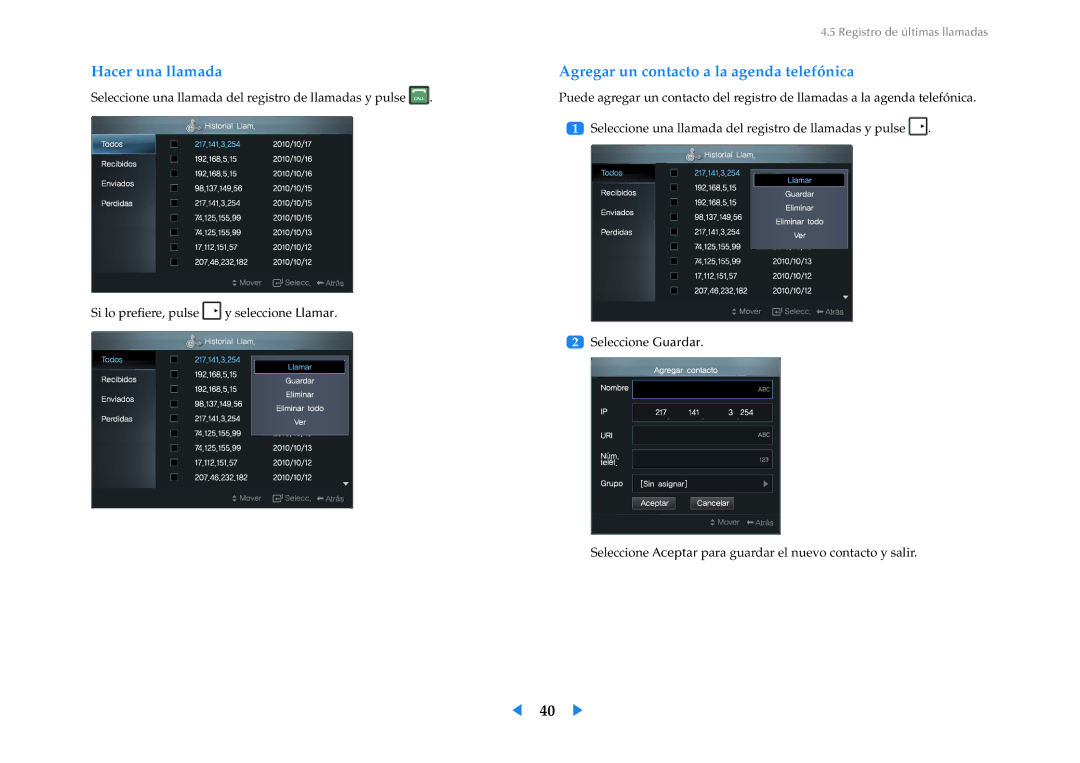 Samsung LF24VPNLB/EN manual Hacer una llamada, Agregar un contacto a la agenda telefónica 